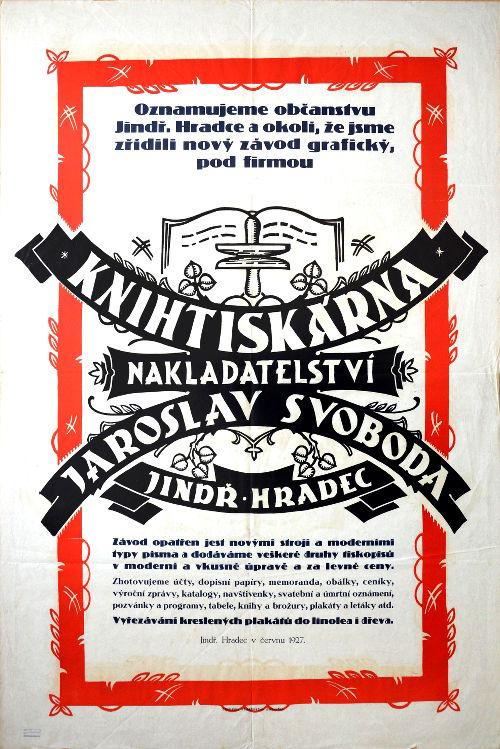 Reklamní plakát knihtiskárny a nakladatelství Jaroslav Svoboda (červen 1927)